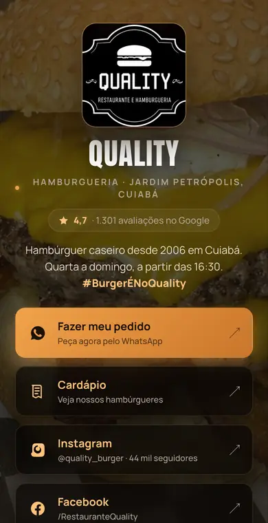 Link da bio do Quality Restaurante e Hamburgueria