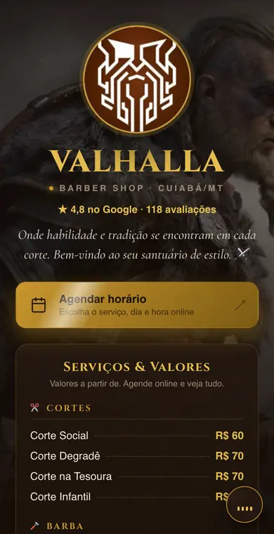 Link da bio da Valhalla Barber Shop