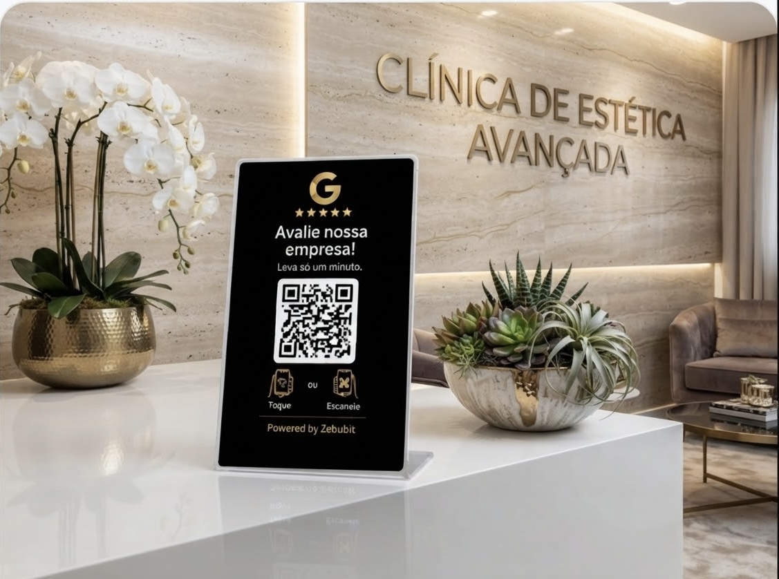 Cartão de avaliação Zebubit na recepção de uma clínica de estética