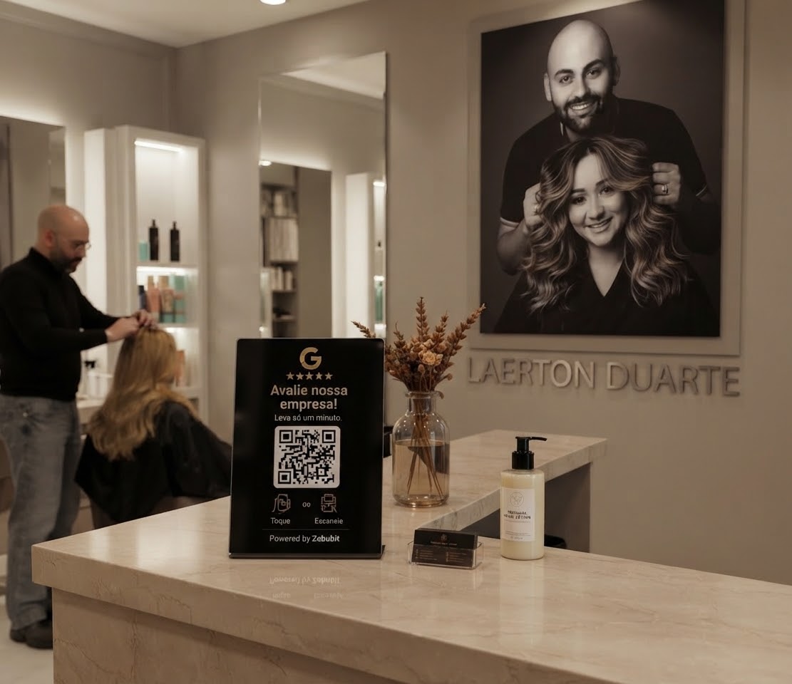 Cartão de avaliação Zebubit no salão do Laerton Duarte, em Londres