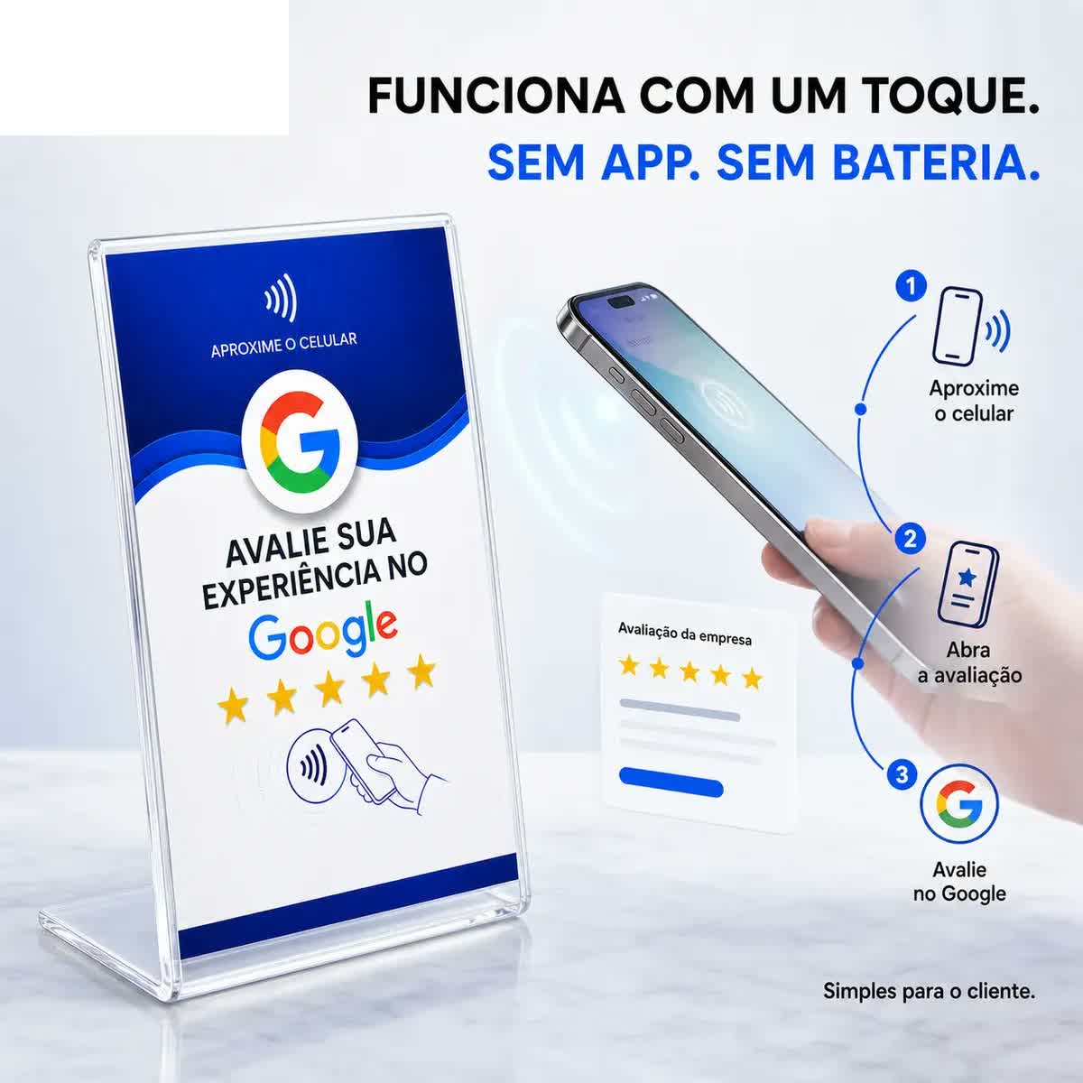 Placa de avaliação Google, funciona com um toque, sem app e sem bateria